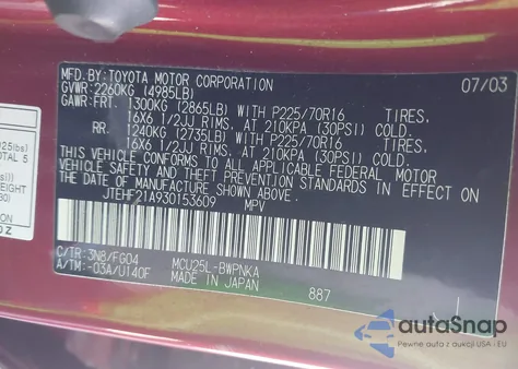 2003 Toyota Highlander V6 из США, поврежденный, VIN JTEHF21A930153609